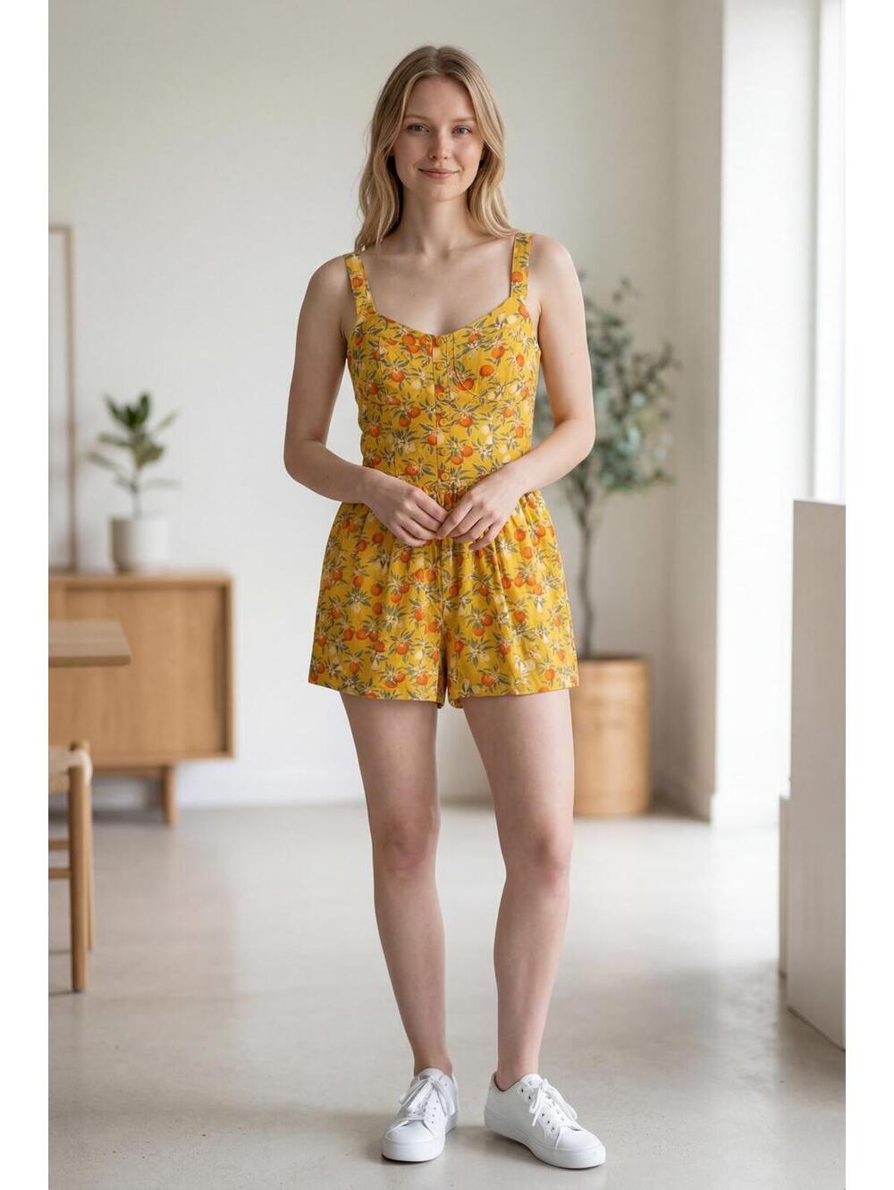 Italian Summer Fruit Print Romper Dress Yellow Smocked Mini